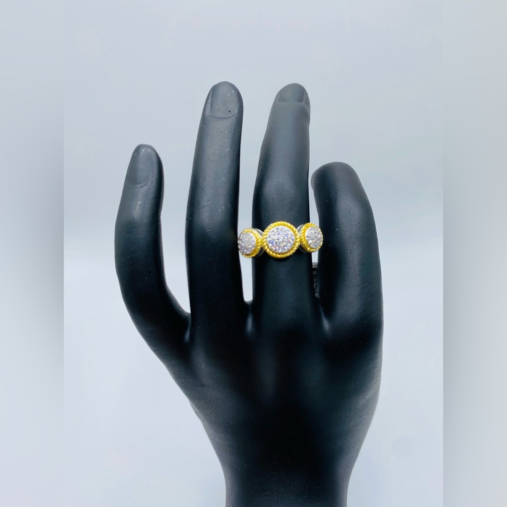 NWT White Zirconia 18K Yellow Gold Three-Stone Ring In Sterling Silver 925